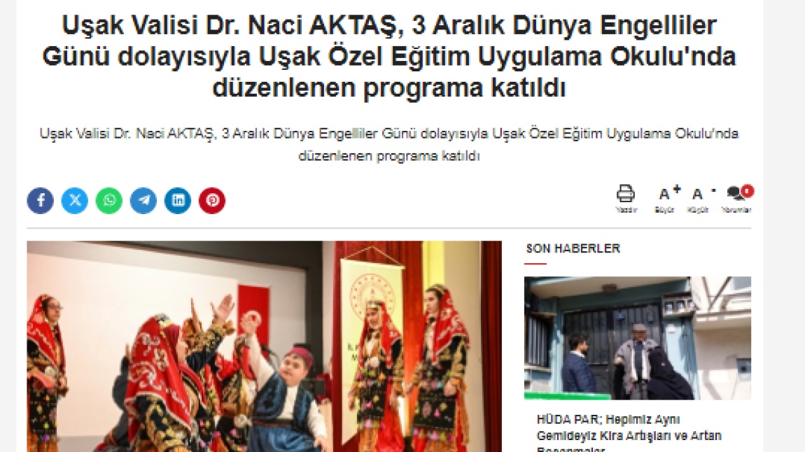 OKULUMUZDA DÜZENLENEN 3 ARALIK DÜNYA ENGELLİLER GÜNÜ PROGRAMI YEREL BASINDA HABERLERDE YER ALDI